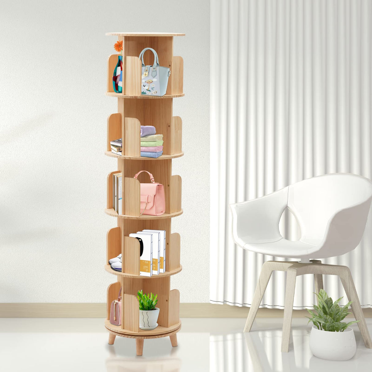 Netcoin 360° Freestanding Rotating Wooden Bookshelf for Efficient Storage and Display Netcoin