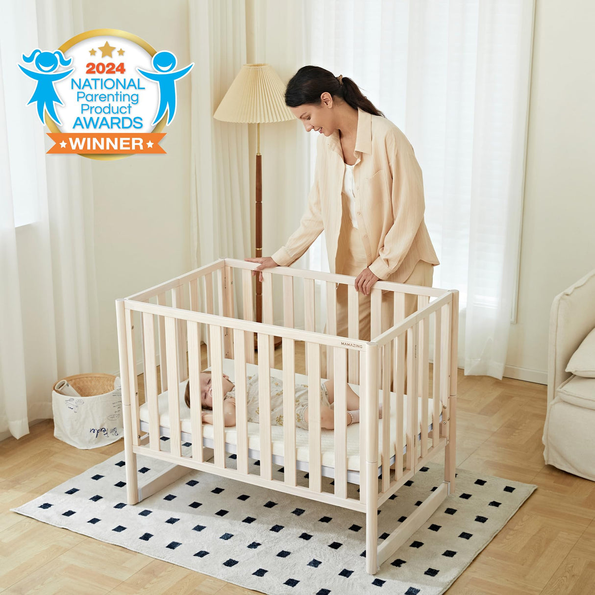 MAMAZING EvoNook 6-in-1 Convertible Mini Crib - Easy Assembly, Portable Folding Baby Mini Crib with Mattress, 100% New Zealand Pinewood, 4 Adjustable Mattress Heights, Washed Nature with Mattress MAMAZING
