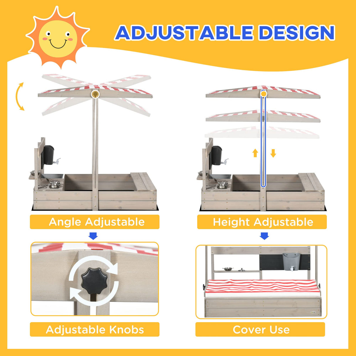 Outsunny Kids Sandbox with Canopy Adjustable, Wooden Sandbox Backyard Toy with Kitchen Playset Accessories, Outdoor Activity Gift for Girls and Boys, Ages 3-7 Outsunny