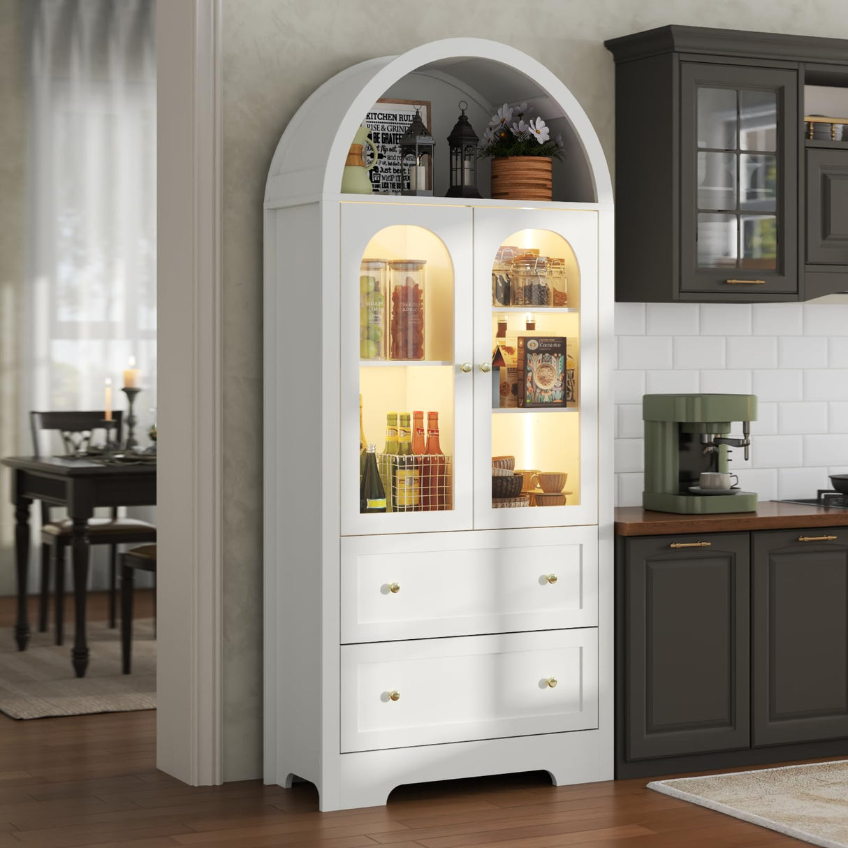 70" Tall Arched Kitchen Pantry Cabinet with LED Lights, Wood Kitchen Storage Cabinets with Glass Doors and 2 Large Drawers, Modern Versatile Cupboard with Adjustable Shelves for Dining Room, White Gyfimoie