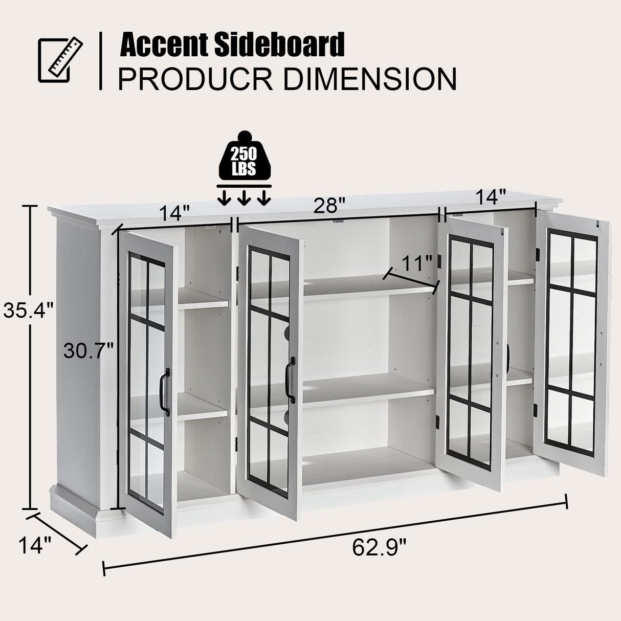 AMERLIFE 63" Sideboard, 6 Adjustable Shelves Sideboard Buffet Cabinet with 4 Doors, Accent Storage Credenzas for Dining Room, Living Room, Distressed White AMERLIFE