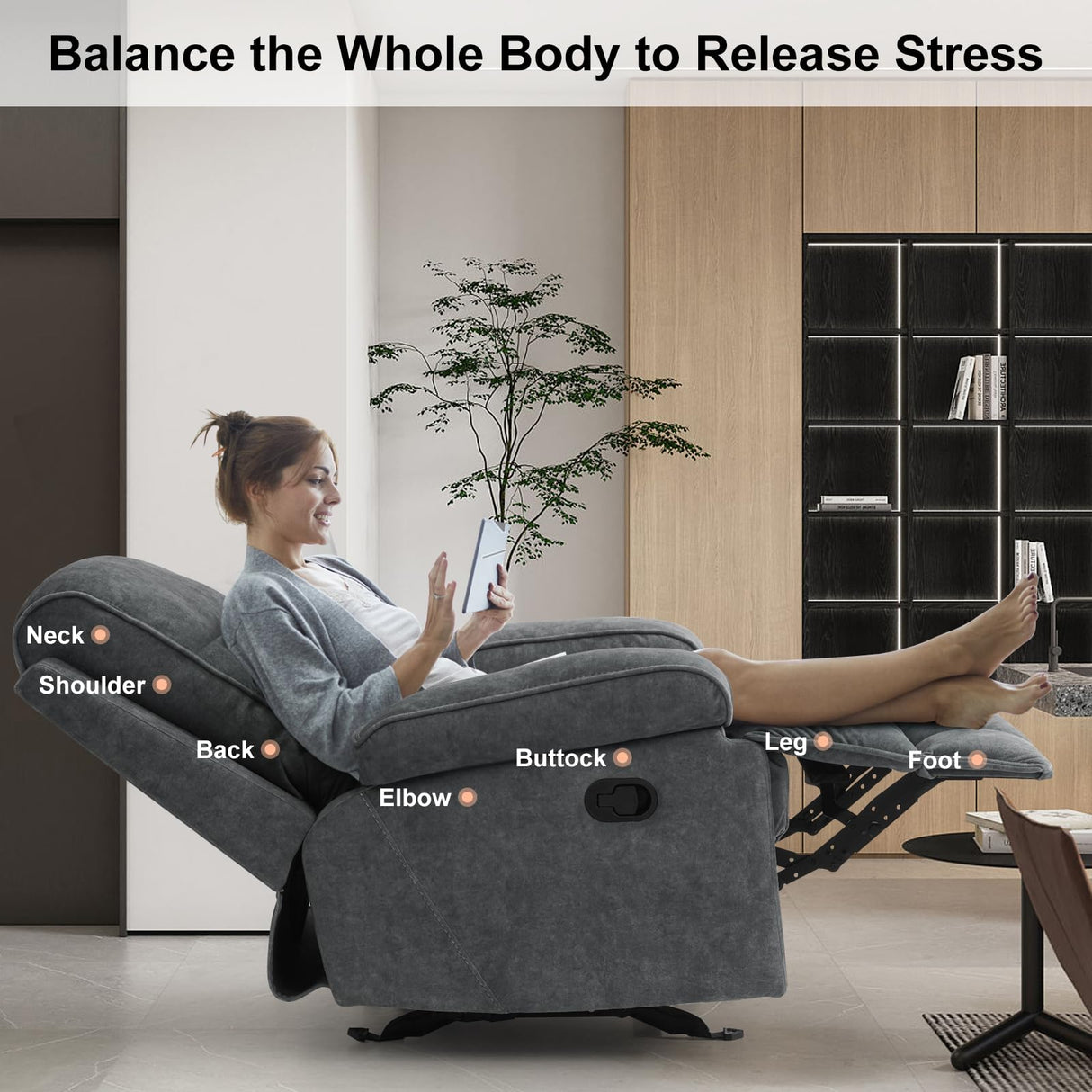 KeyEnergy Manual Rocker Recliner Chair for Adults, High Back Glider with Deep Seat, Upholstered Fabric Armchair for Living Room & Nursery, Dark Grey KeyEnergy