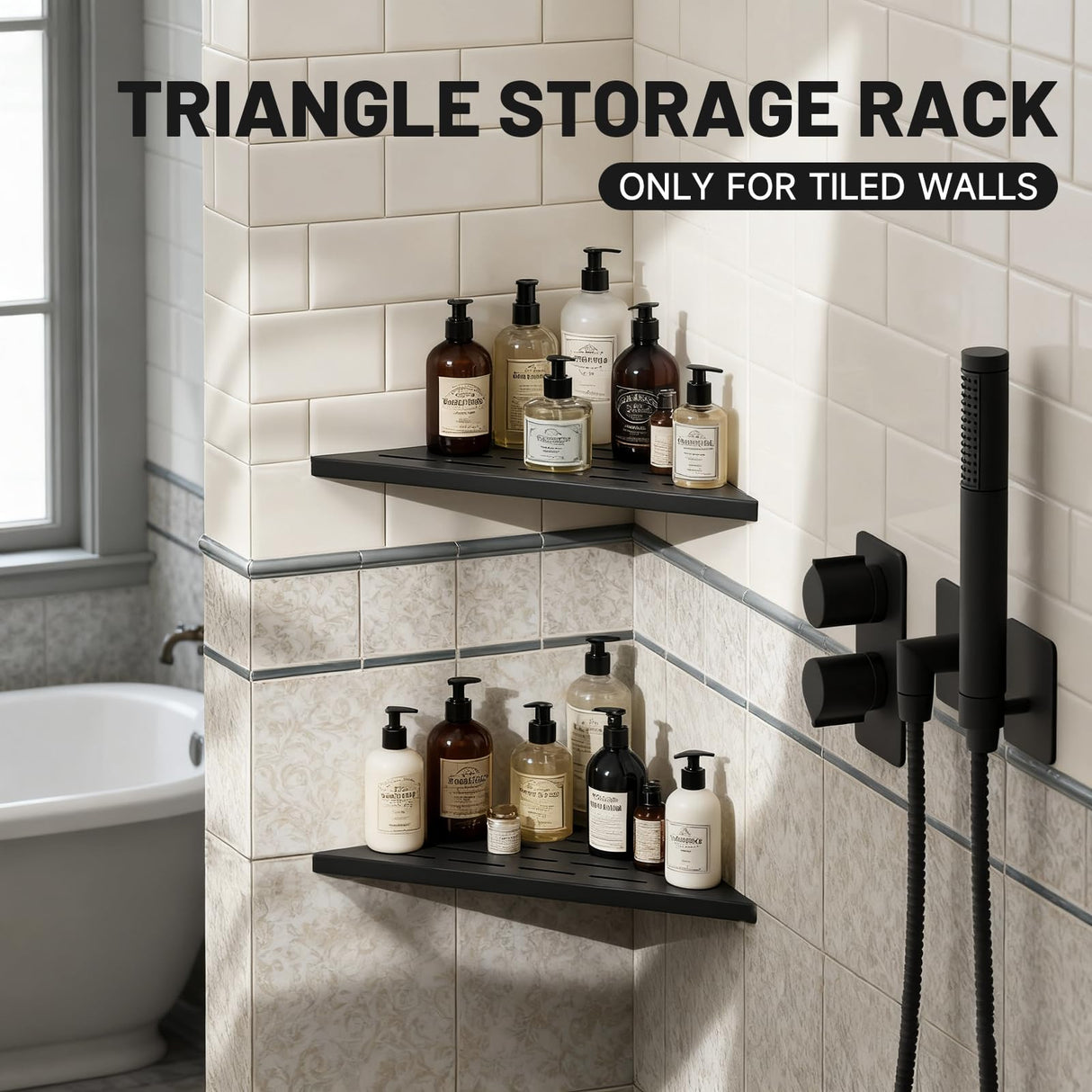 BATHLAVISH Corner Shower Shelves 10" Matte Black, 2 Pack 304 Stainless Steel Shower Corner Shelf Recessed Slot Design, Wall Mount Triangle Shower Caddy for Bathroom, Kitchen Organization BATHLAVISH