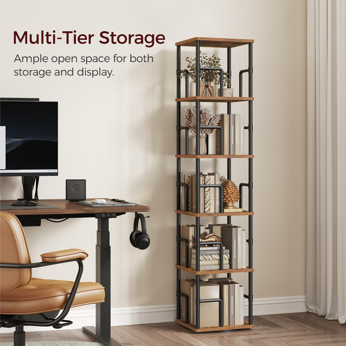 MAHANCRIS 5-Tier Rotating Bookshelf, Freestanding Corner Bookshelf, 360° Spinning Bookcase, Industrial Style Storage Rack with Rails, for Living Room, Bedroom, Study, Rustic Brown and Black BKHR1601 MAHANCRIS