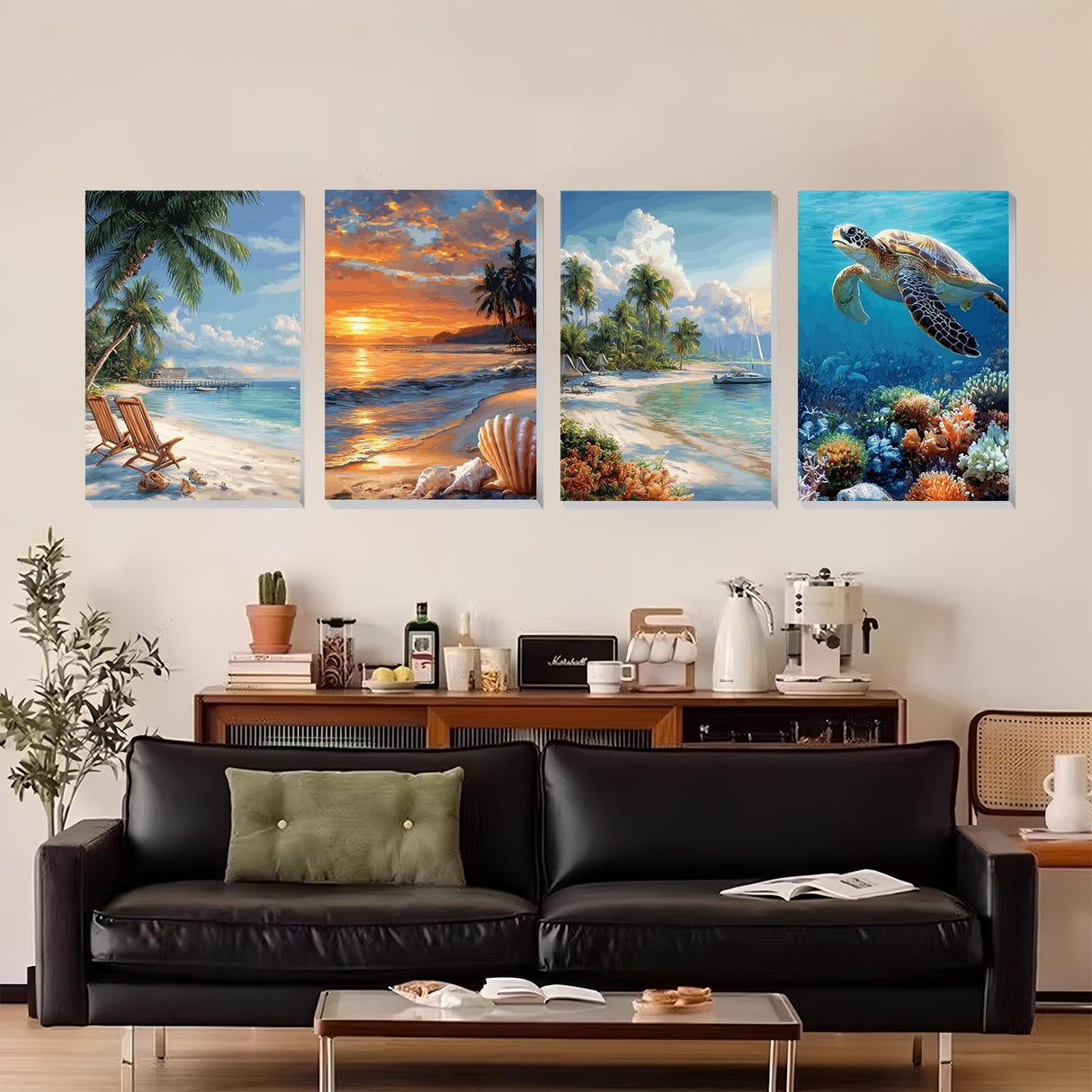 XTCIXAL 4 Pack Paint by Numbers Kit for Adults with Framed and Easel, Beach Paint by Number Kits, Sea Turtle Acrylic Oil Painting with Brushes for Home Wall Decor (8x12 Inch) XTCIXAL