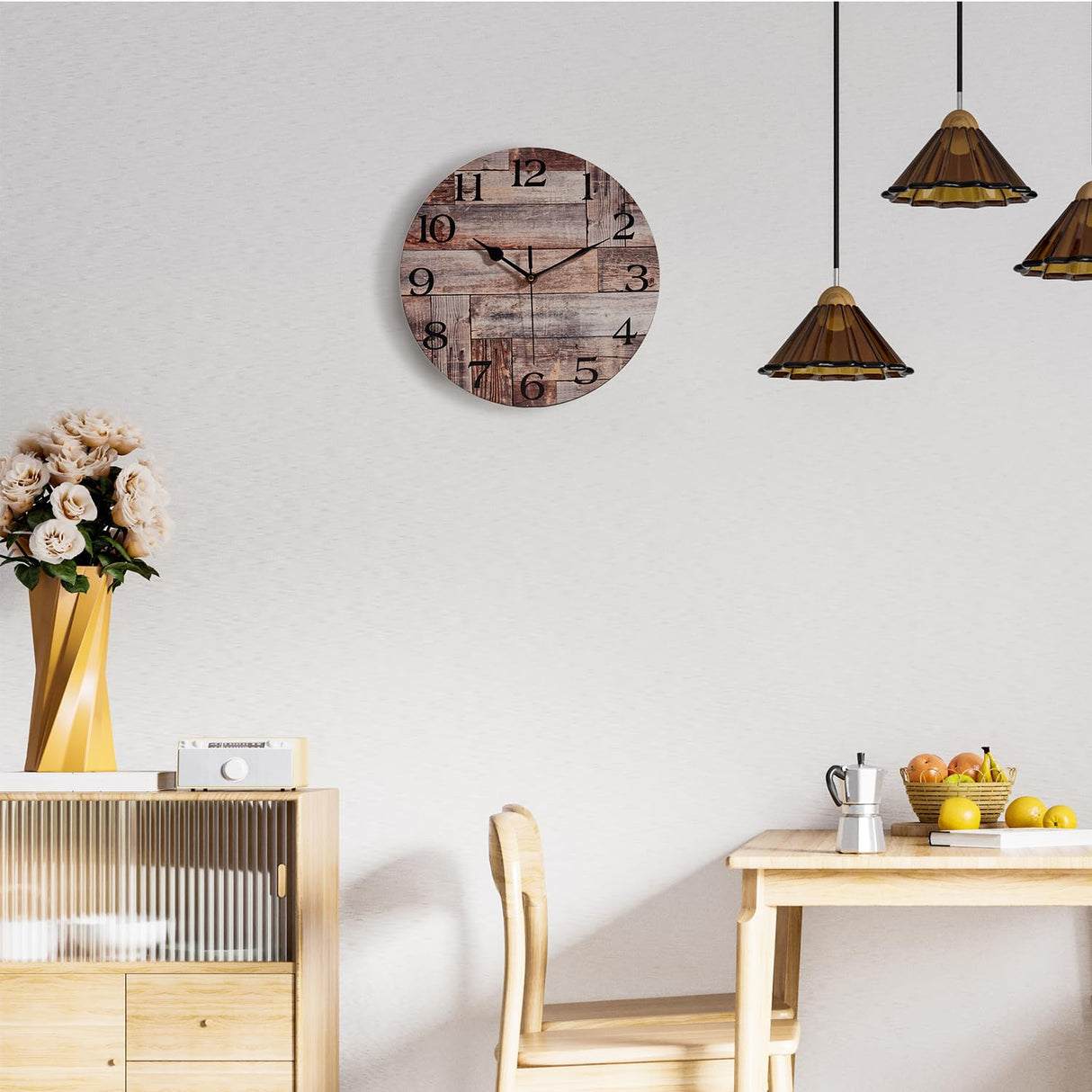 ACOZUHSE Silent Non-Ticking Wall Clocks, Brown Wood Barn Board Pine Plank Rustic Wall Clocks, Battery Operated 12 Inch Round Wall Clock for Home Decor Living Room Kitchen Office ACOZUHSE