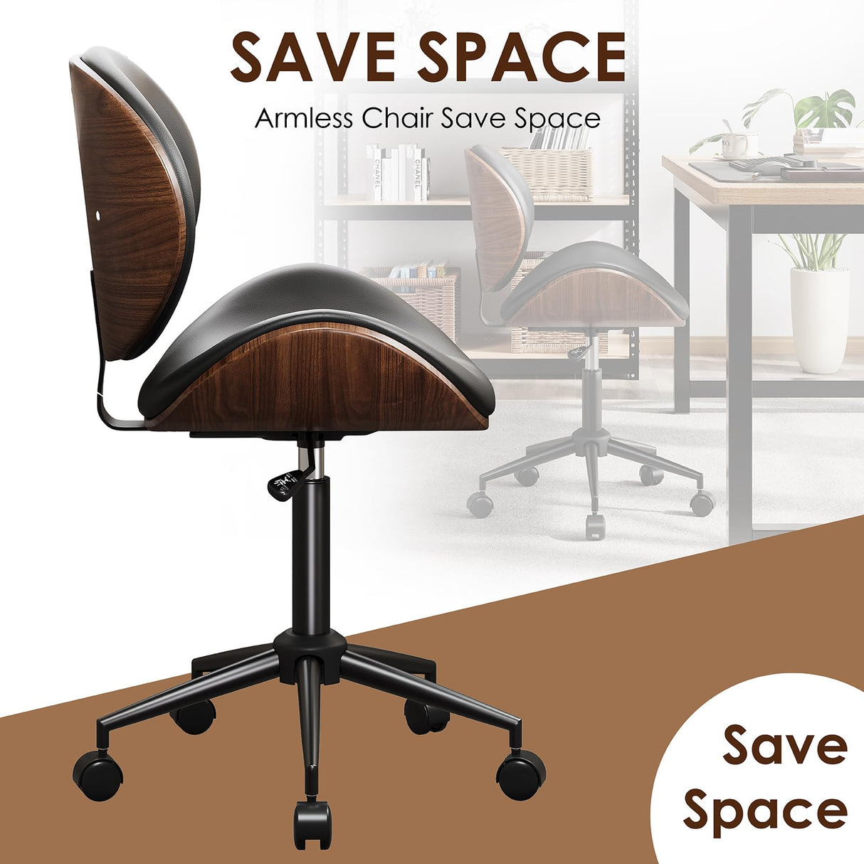 LUXOAK Ergonomic Home Office Desk Chair Set of 2, Mid-Century Modern Armless Chair with PU Leather/360°Swivel Wheels/Seat Height Adjustable for Office, Study, Black LUXOAK