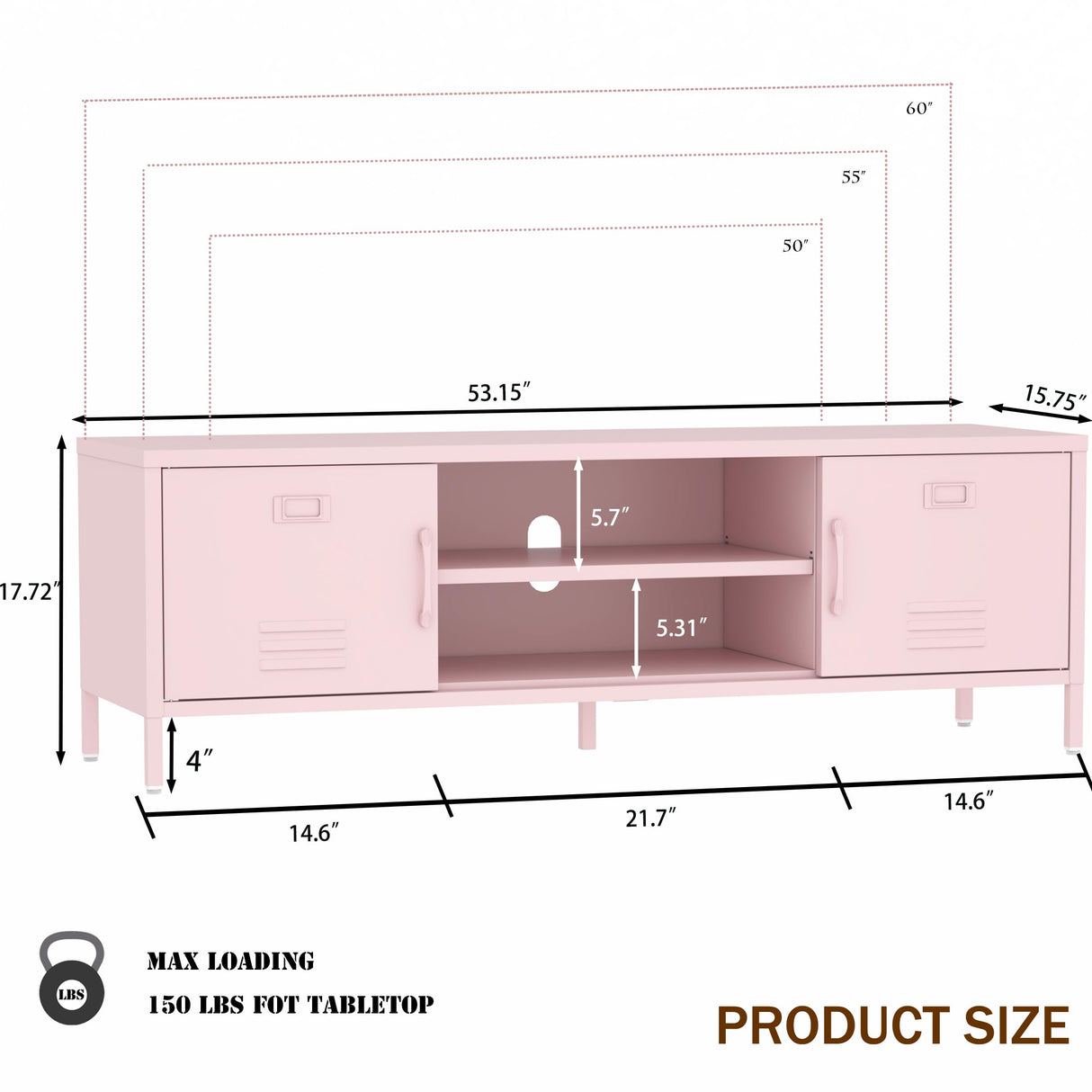 Steehoom TV Stand for 55 60 inch TV, Metal TV Cabinet Modern Mid Century Entertainment Center with Storage, TV Industrial Media Console Table 2 Cabinet for Living Room, Bedroom, Office (Pink) Steehoom