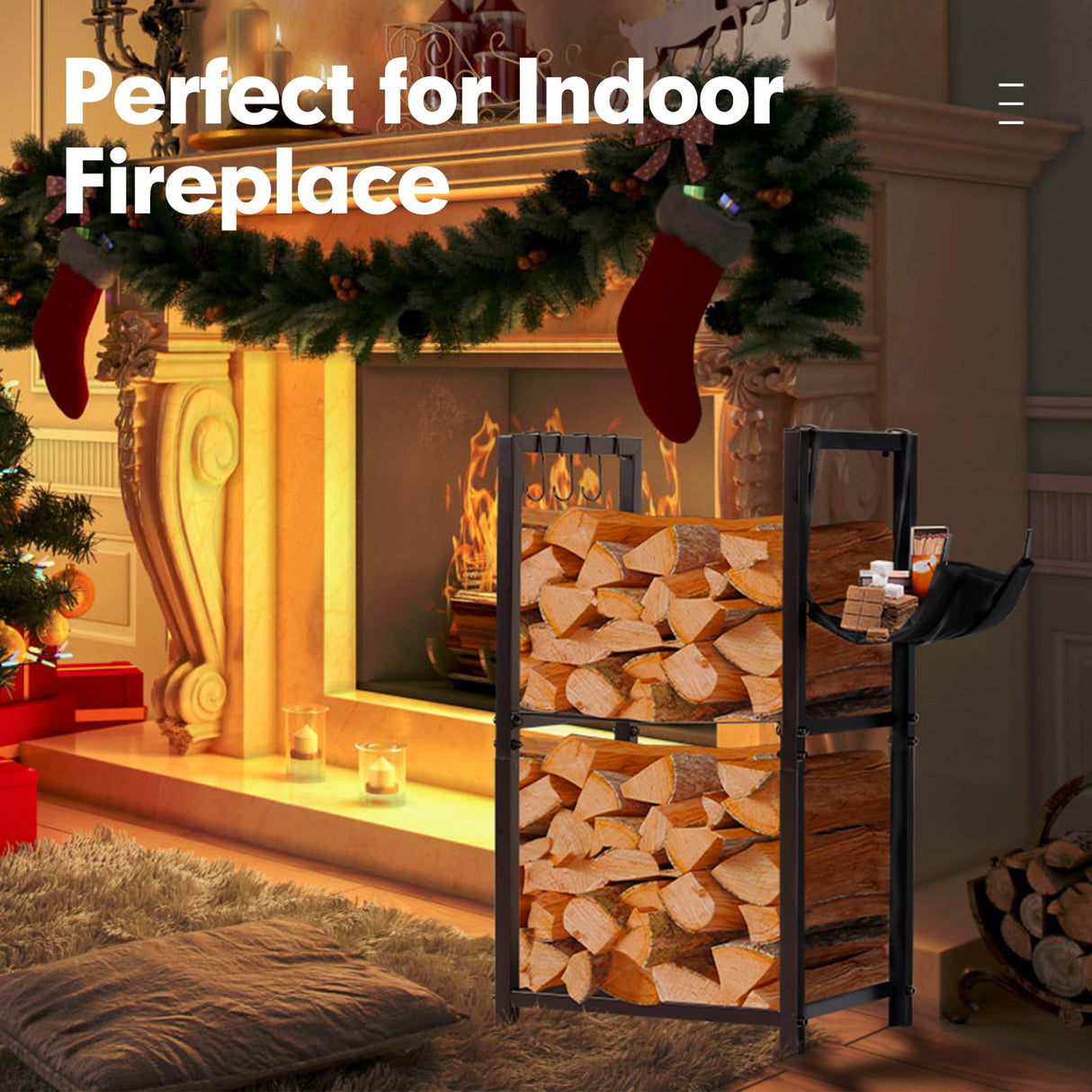 nalone Firewood Rack Indoor, Small Outdoor Firewood Log Storage Rack, 2-Tier Wood Holder with 6 Hooks, Firewood Stand for Indoor Fireplace, Outdoor Patio, Fire Pit, Stove nalone