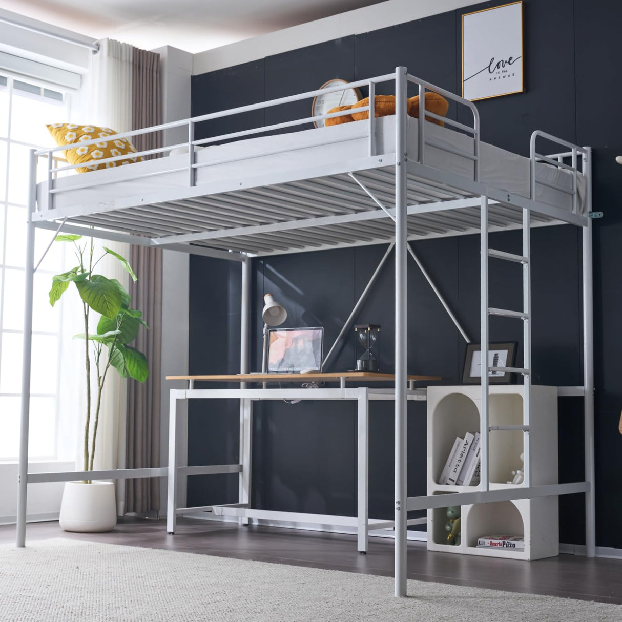 VINGLI Loft Bed Full Size with Flat Rungs for Adults, Kids and Young Teens, No Box Spring Required,Heavy Duty Metal Slat Support,White VINGLI
