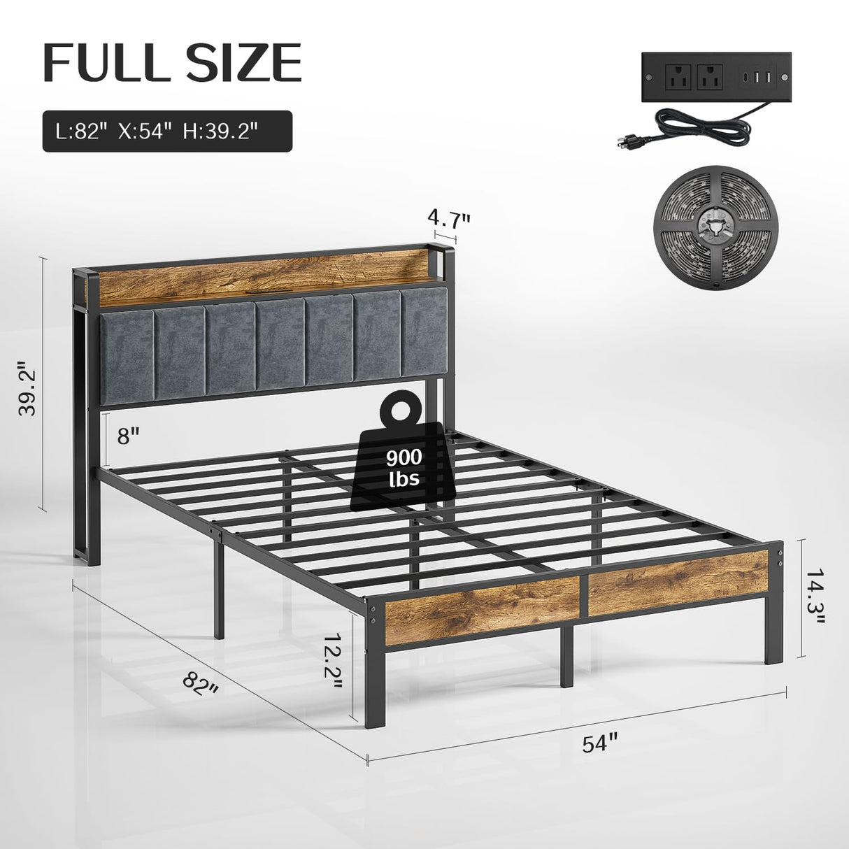 Full Bed Frame with Storage Charging Station Headboard, Smart LED Light, Metal Platform Bed No Box Spring Required, Easy Assembly, Noise Free Liians