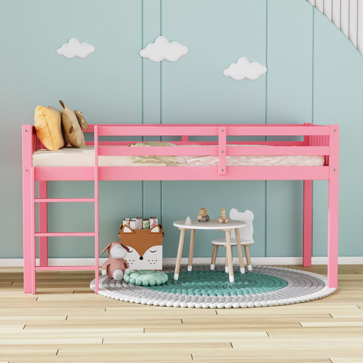 JOYMOR Low Loft Bed Twin Size with Stairs, Wooden Toddler Loft Bed for Kids, Junior,Young Teens,Pine Wood Twin Bed Frame, Space-Saving Design, No Box Spring Needed, Pink JOYMOR