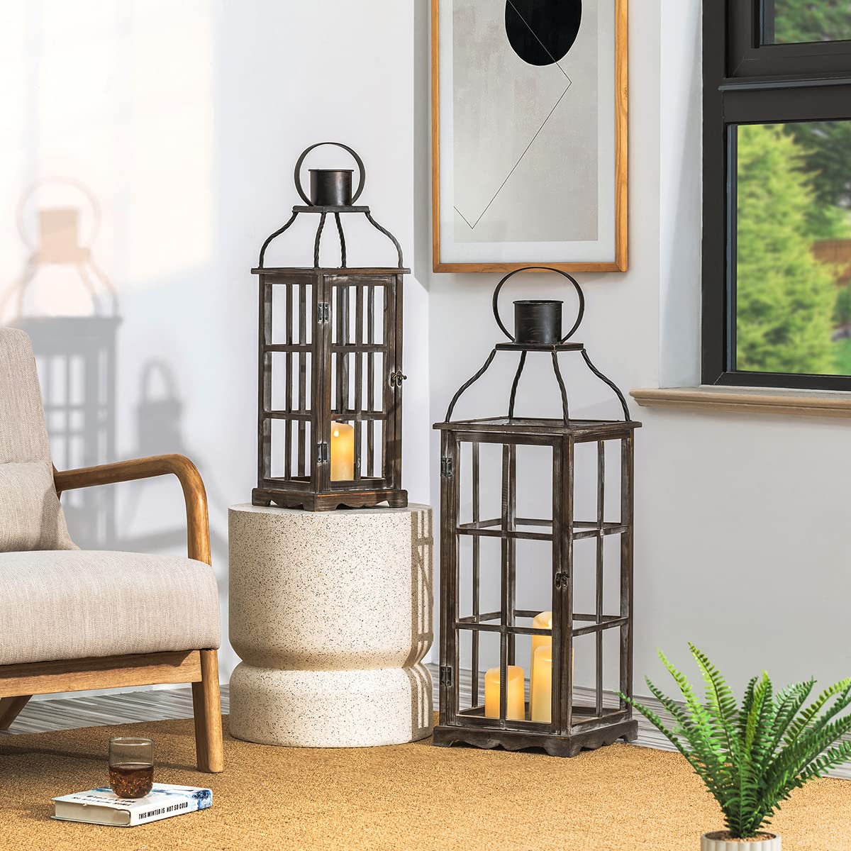 Glitzhome Farmhouse Oversized Wood Metal Lanterns Decorative Hanging Candle Lanterns Set of 2, Black (No Glass) Glitzhome