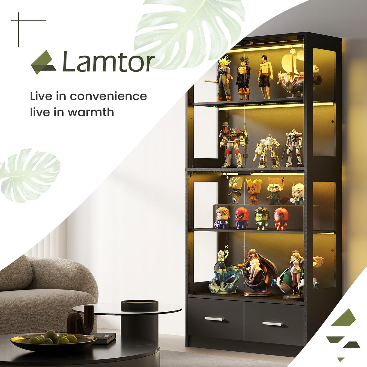Lamtor Display Cabinet with Glass Doors - 67" Curio Cabinet for Collectibles with RGB LED Lights and 2 Drawers, 4 Tier Glass Display Case for Living Room, Office, Black Lamtor