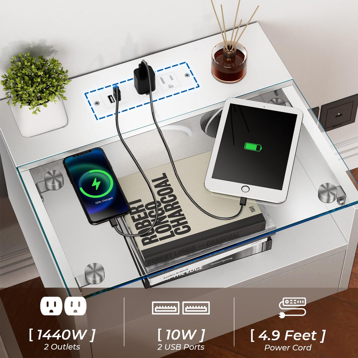 MULEJYBO Floating Nightstand with Charging Station, Floating Night Stand with Charging Station and LED, Night Stand for Living Room, Entryway Wall, Bedroom White Nightstand MULEJYBO