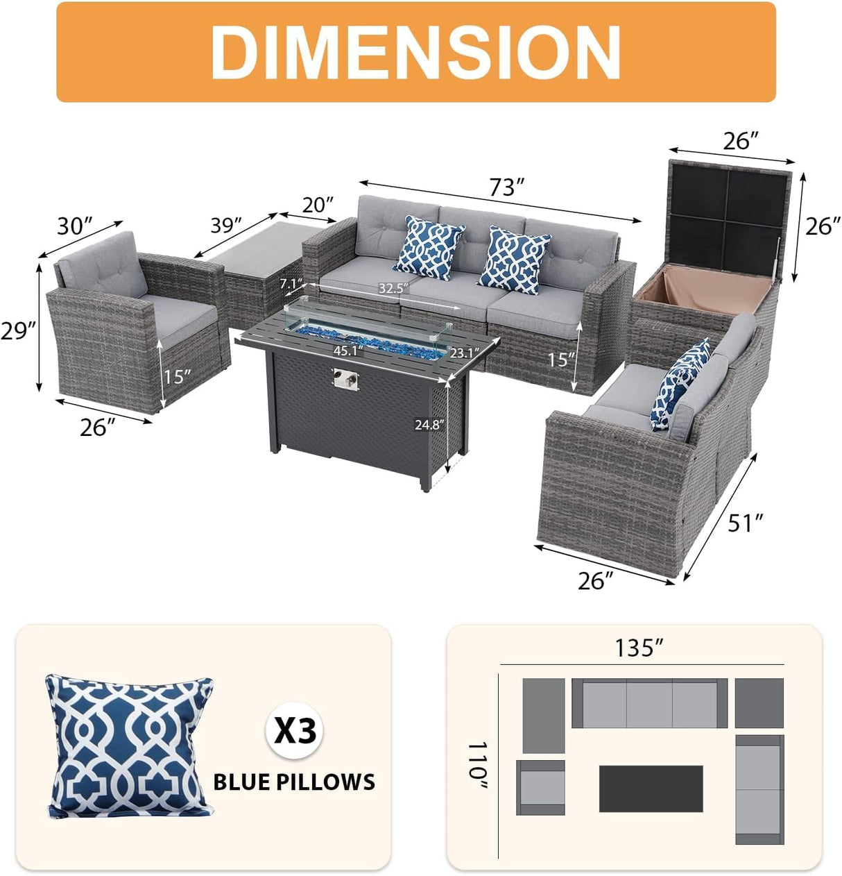 JOIVI 9 Piece Patio Conversation Set with 45" Fire Pit Table, PE Wicker Outdoor Furniture Set with Storage Box, Tempered Glass Top Table, Fireproof Glass Beads Cover, 2 Pillows Included, Gray JOIVI