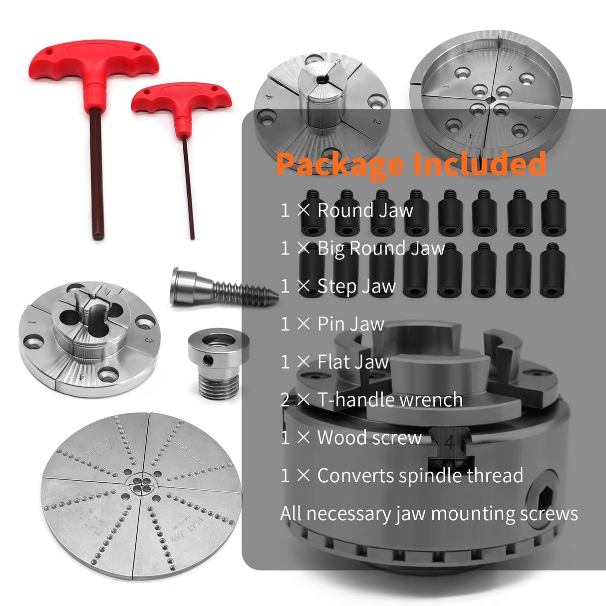 Aspaton 3.75-Inch 4 Jaw Wood Turning Lathe Nickel Plated Chuck and Cutting Jaws Kit with T-Wrench and 6 Corner Star Fasteners 1 Inch x 8TPI Aspaton