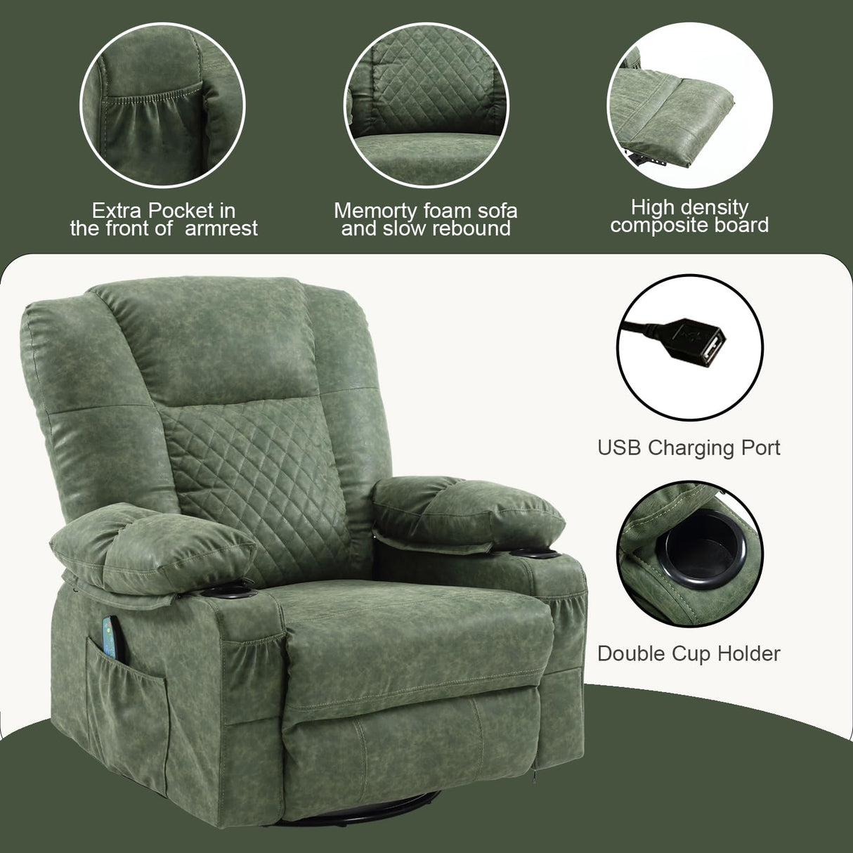 Swivel Rocker Recliner Chair for Adults with Vibration Massage, Overstuffed PU Leather Recliner with Lumbar Heat, Modern Manual Rocking Recliner with for Living Room, Home Theater, Dark Green Comermax