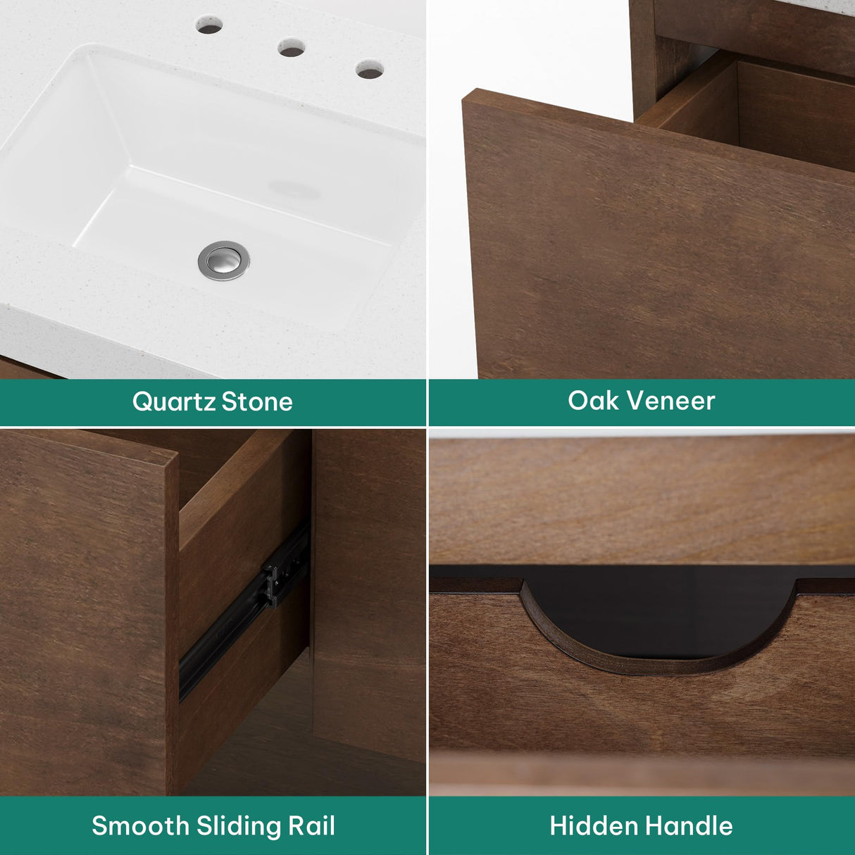 YITAHOME 48 Inch Floating Vanity with 3 Drawers, Wall Mounted Bathroom Vanity with White Quartz Countertop & Oak Veneer, Big Space Storage for Modern Bathroom, Walnut YITAHOME