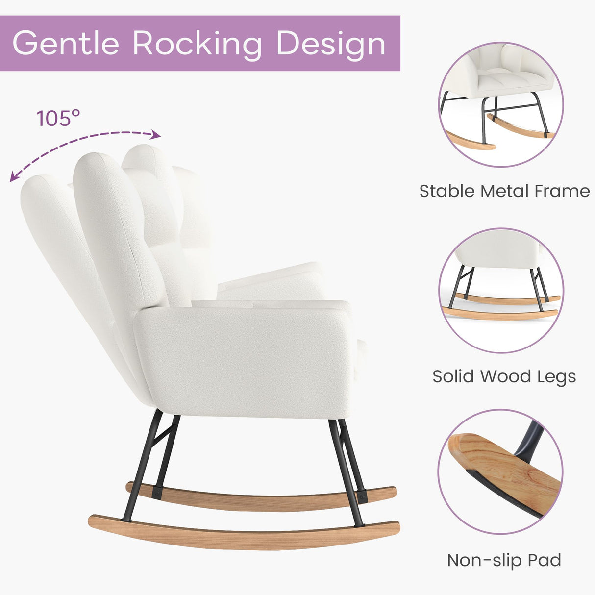 Murago Rocking Chair Nursery, Nursery Rocking Chairs, Baby Rocker, Glider Rocker, Safety Anti Tip Design, 440 Lb. Capacity, Cotton Fabric Cover, White Murago