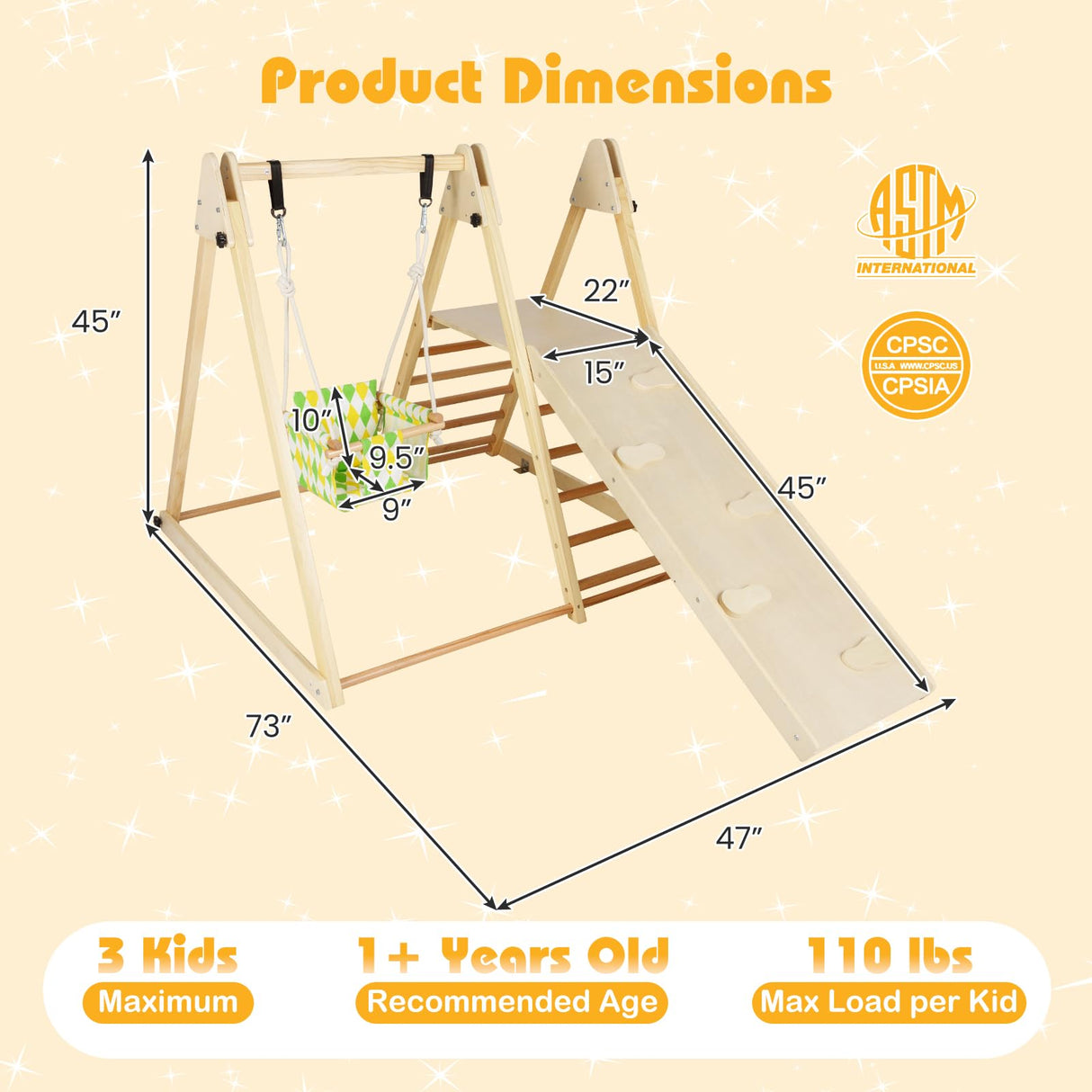 HONEY JOY Kids Indoor Jungle Gym, 4-in-1 Toddler Climbing Toy w/Baby Swing, Climber, Ladder, Climbing Ramp, Resting Platform, Wooden Montessori Playground Playset for Kids Aged 1+ (Natural) HONEY JOY