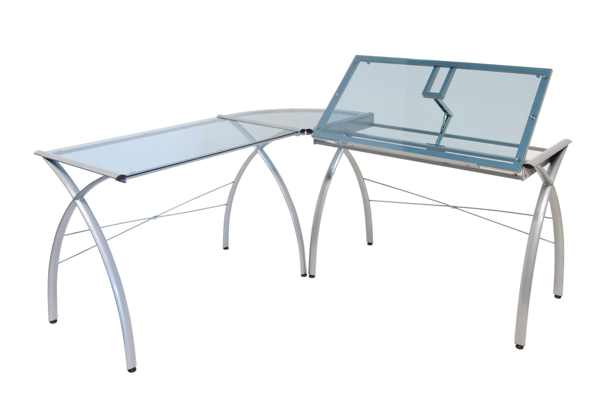 SD STUDIO DESIGNS Futura LS WorkCenter with Tilt Top Adjustable Drafting Table Craft Table Drawing Desk Hobby Table Writing Desk Studio Desk, Silver / Blue Glass SD STUDIO DESIGNS