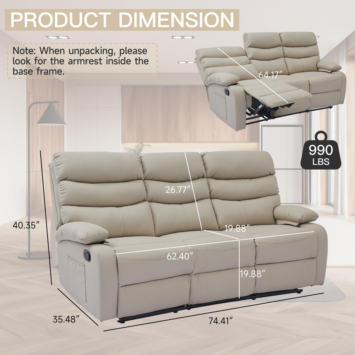 GNMLP2020 Loveseat Recliner Sofa Set, Small Leather Couch 3-Seater Manual Seater Reclining, Triple Recliner Chair for Living Room, RV, Home Theater Seating(Beige, 3 Seater Sofa) GNMLP2020