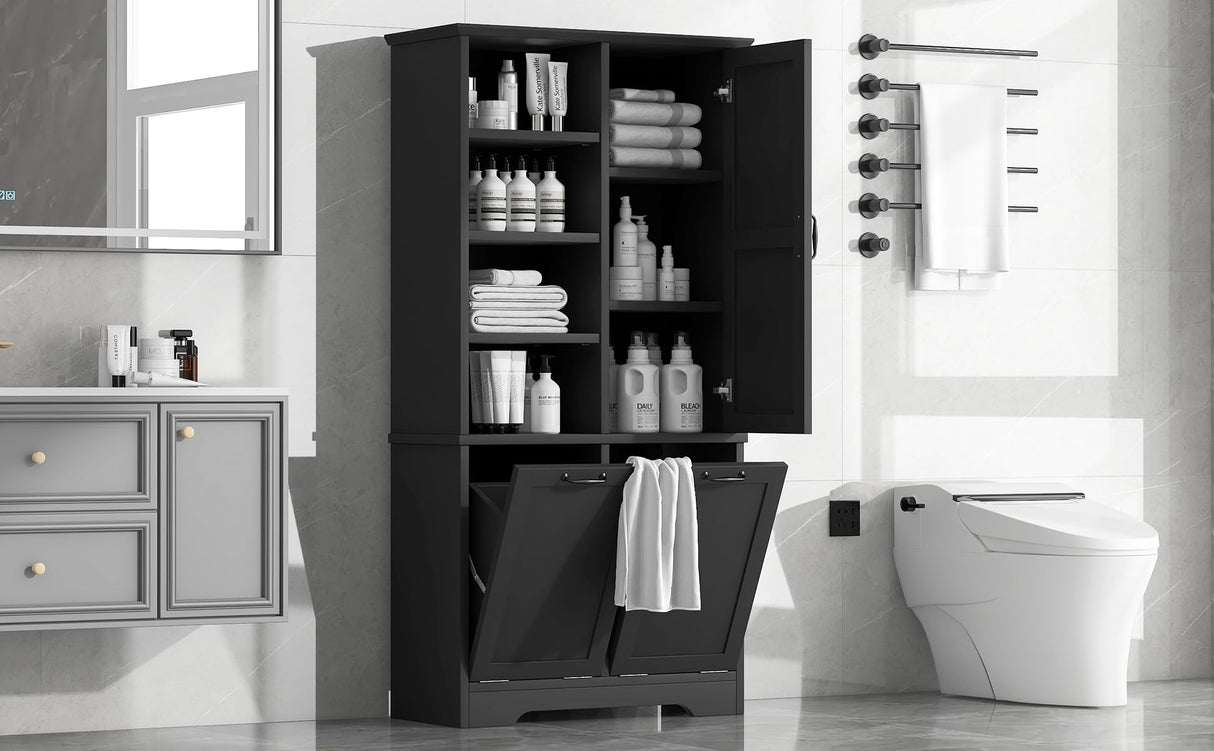 68” Tall Bathroom Storage Cabinet with 2 Tilt Out Laundry Hamper, Freestanding Bathroom Storage Cabinet with Door and Adjustable Shelves, Black Bellemave