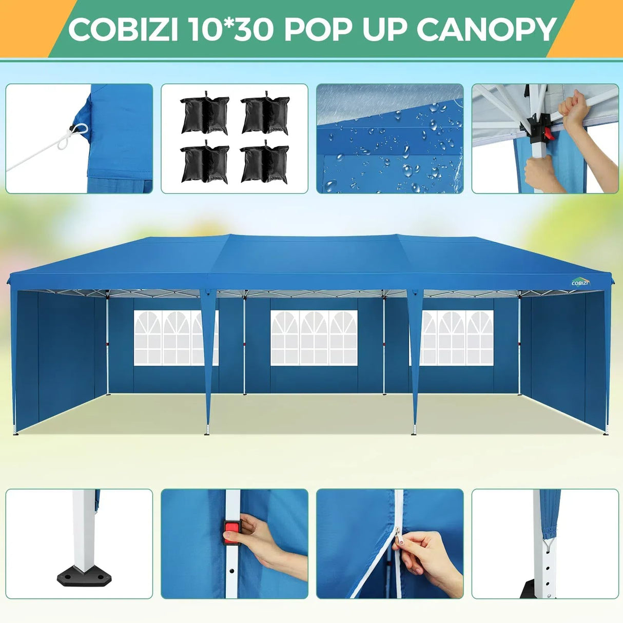 COBIZI 10x30 Canopy Party Tent with 5 Walls 10x30 Pop Up Tent for Parties Waterproof UPF 50+ Outdoor Commercial Event Tent for Party Backyard Gazebo Canopy with Sidewalls & Sandbags(10x30ft) COBIZI
