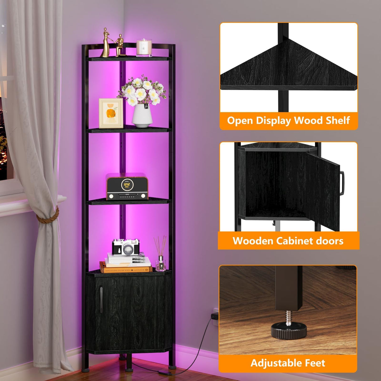 Furnulem Corner Shelf,5-Tier Corner Cabinet with Storage and LED Light, 62.8” Standing Display Bookshelf for Bedroom, Living Room, Kitchen, Wood Display Shelf (Black Oak) Furnulem