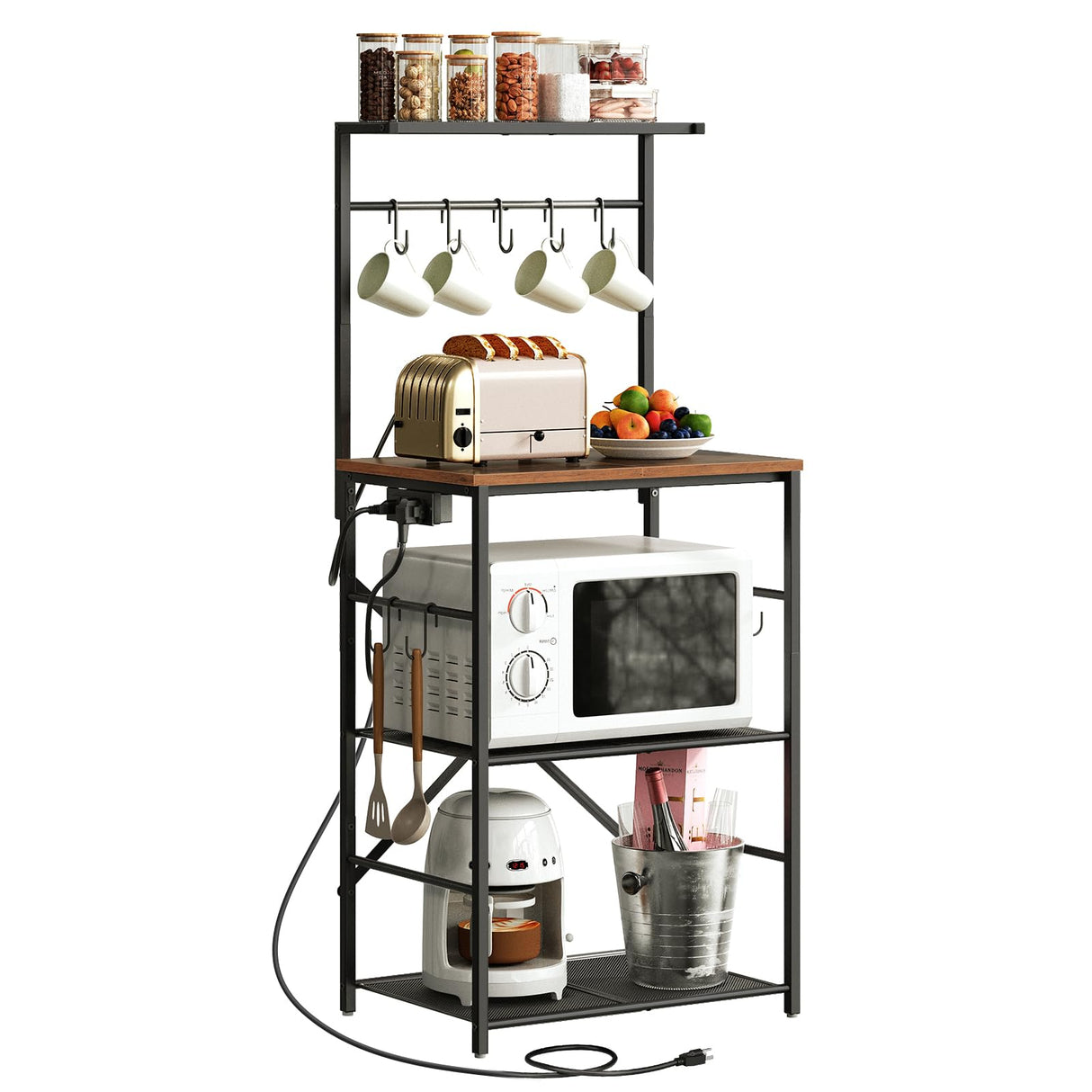 HOOBRO Kitchen Bakers Rack with Power Outlet, 4 Tiers Microwave Oven Stand with Storage, Coffee Bar Table with 9 S-shaped Hooks, Kitchen Storage Shelf Rack, Rustic Brown and Black BF58UHB01 HOOBRO