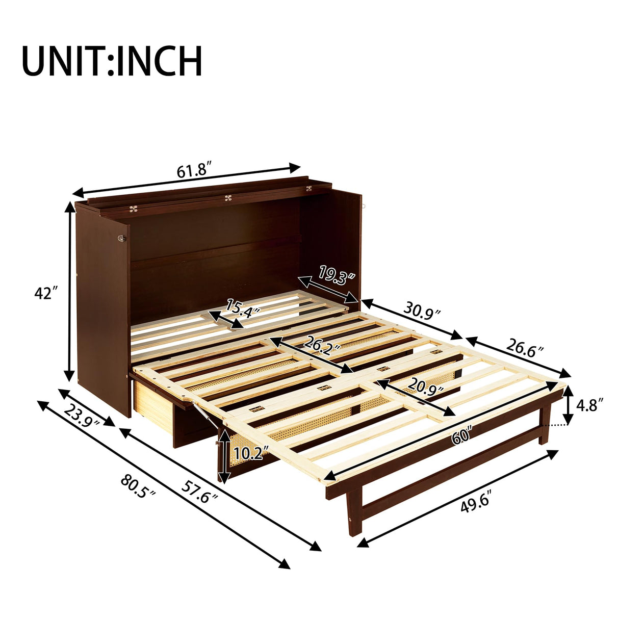 Ball & Cast Hideaway Cabinet Bed Queen Size,Wood Rattan Murphy Bedframe with Storage Drawer,Wall Platform can be Folded up,Space-Efficient Design,for Apartment,Bedroom,Walnut Ball & Cast