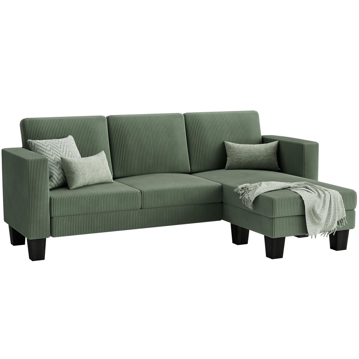 YESHOMY L-Shaped Convertible Sectional Sofa 3 Seater with Corduroy Fabric, Complete with Mobile Footrest, for Living Room, Apartment and Office, 70", Green YESHOMY