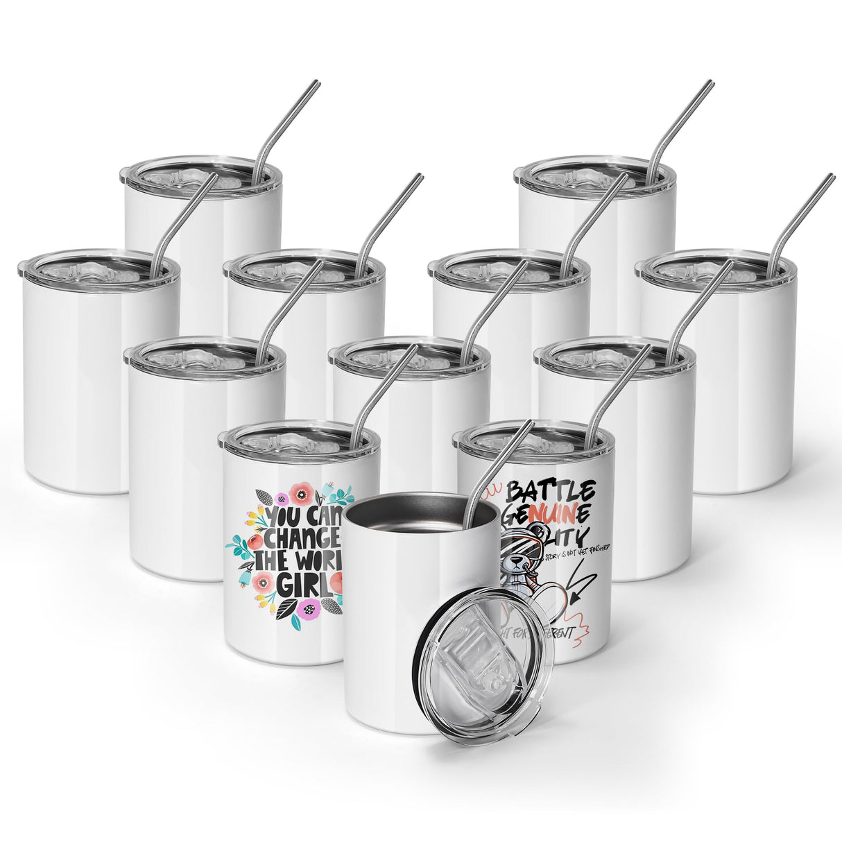 AGH 12 oz Sublimation Tumblers, 12 Pack Straight Tumbler with Lid and Straw, Flat Shot Tumbler AGH