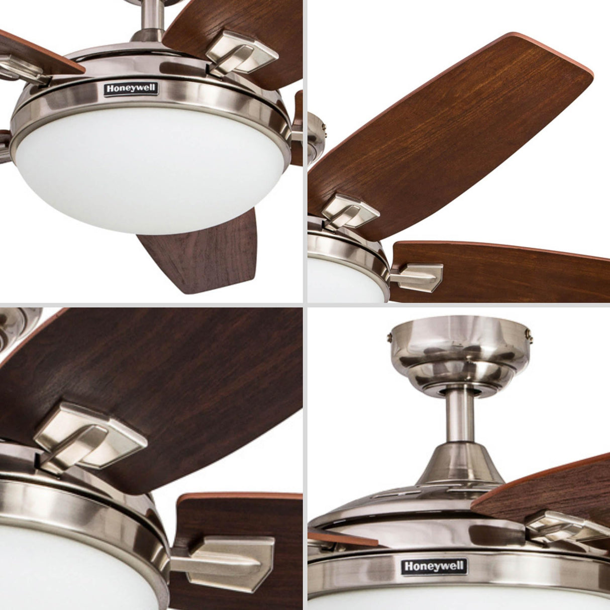 Honeywell Ceiling Fans Carmel, 48 Inch Contemporary Indoor LED Ceiling Fan with Light, Remote Control, Dual Mounting Options, Dual Finish Blades, Reversible Motor - 51920-01 (Brushed Nickel) Honeywell