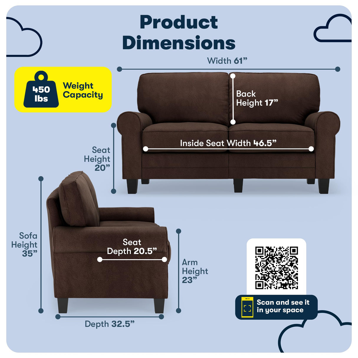 Serta Copenhagen Rolled Arm Sofa, Easy Care Polyester, Soft Pillow Back, Pocket Coil Seat Cushions, Removable Covers, Couch for Small Spaces, Living Rooms or Bedrooms, 61" Loveseat, Brown Serta
