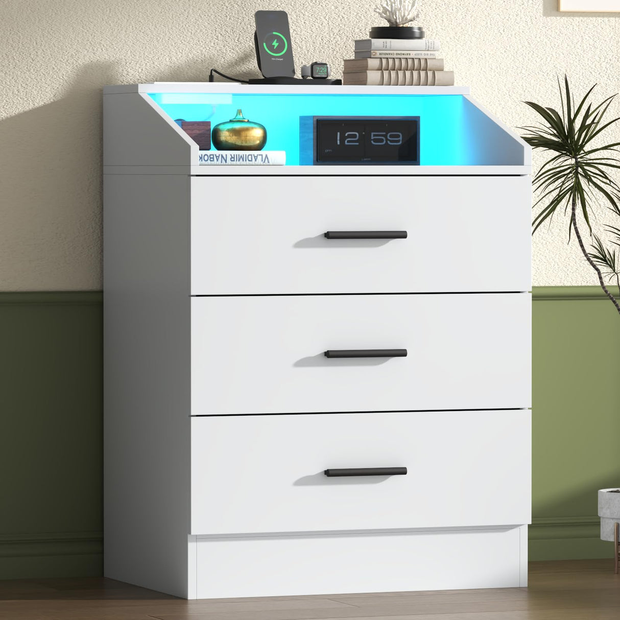 Gyfimoie 3 Drawer Dresser for Bedroom with Power Outlet, White Dresser with LED Light, Modern Dressers with Open Storage Cubby, Chest of Drawers Storage Organizer for Hallway, Living Room (White)โฆ Gyfimoie