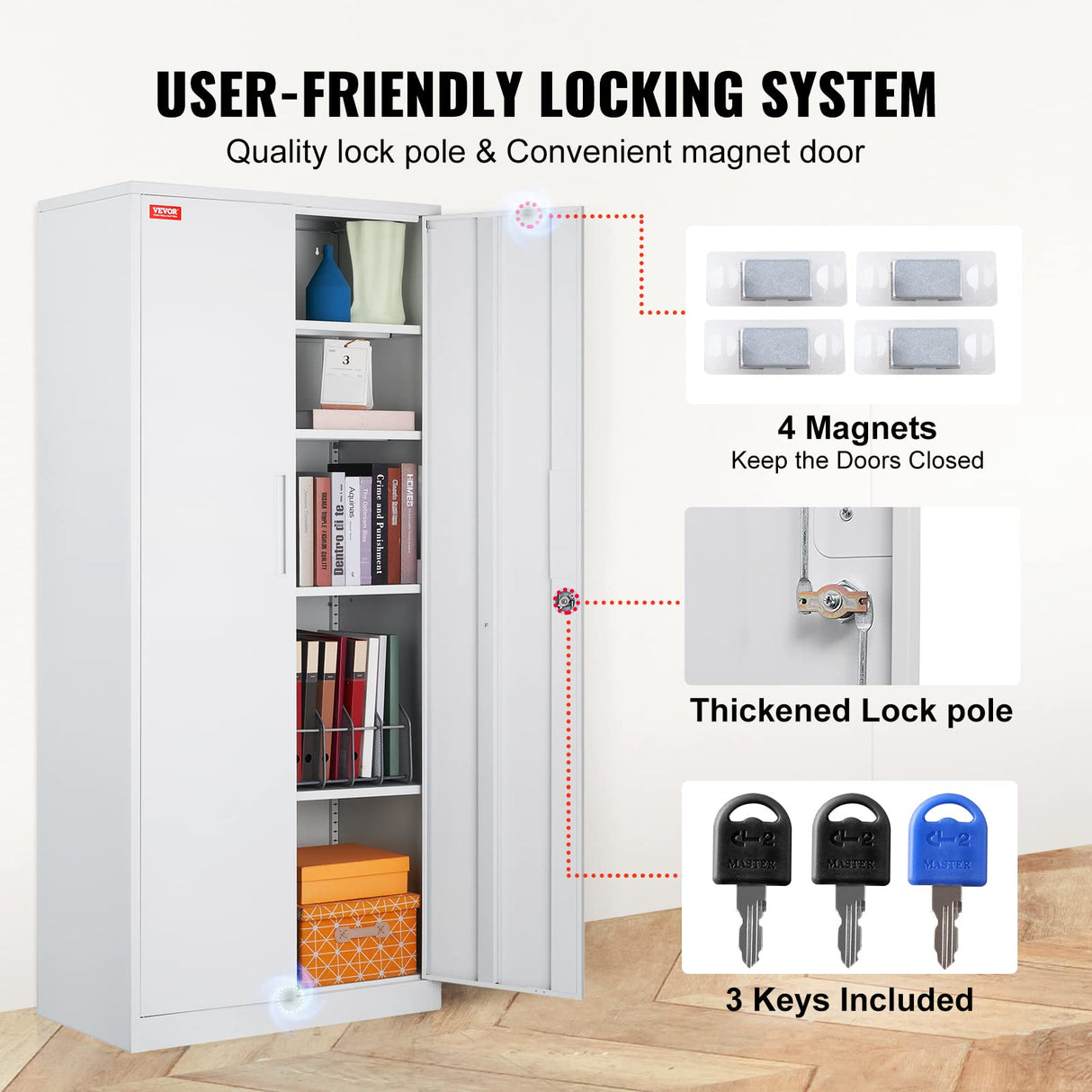 VEVOR Metal Storage Cabinet with 2 Magnetic Doors and 4 Adjustable Shelves, 200 lbs Capacity per Shelf, Locking Steel Storage Cabinet, 71'' Metal Cabinet with 3 Keys, for Office, Garage, Home VEVOR