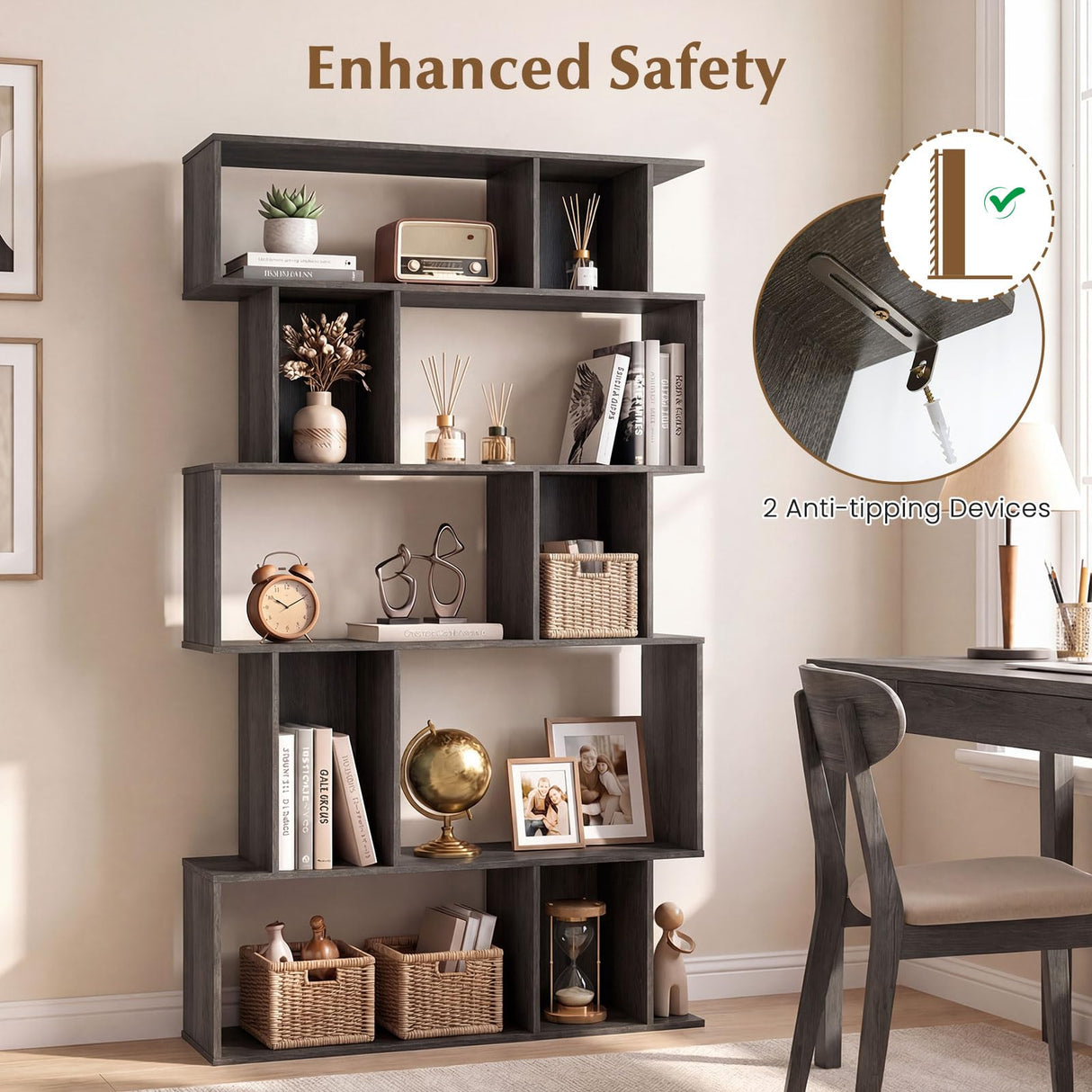 Giantex 5-Tier Bookshelf, 10-Cube Geometric Book Case with 5 Closed-Back Cubbies, Anti-toppling Kits, Open Display Storage Shelf for Living Room, Home Office, Bedroom, Gray Giantex