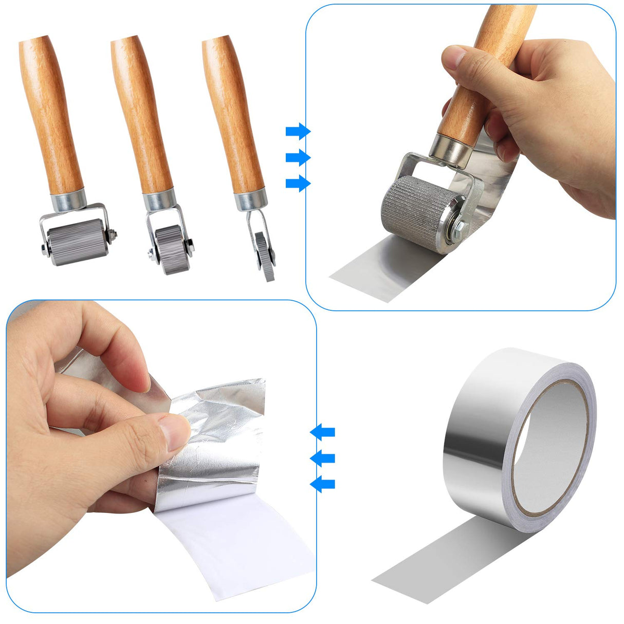 FCHO Car Sound Deadening Roller Metal Installation Tool 3 Pcs Seam Roller with 66 Feet Aluminum Foil Tape Finishing Sealing Tape, for Car Sound Deadening Installation FCHO