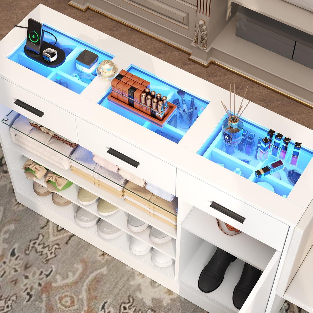 Wardrobe Armoire Closet with Charging & LED Light,Walk-in Closet Island Dresser with Glass Showcase,3 Drawers & Doors, Modern Storage Display Cabinet with Bench for Bedroom,Fitting Room & Shops๏ผWhite๏ผ Gyfimoie