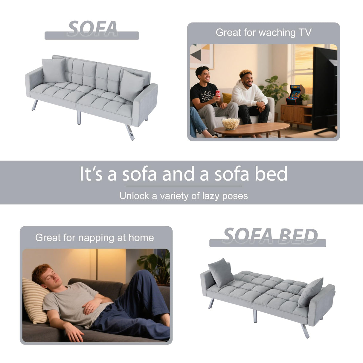 Modern Velvet Futon Sofa Bed,Convertible Sleeper Loveseat with 4 Folding Backrest,78" Comfy Deep Seat Cloud Couch Bed for Living Room Apartment Office (Light Grey) Majnesvon