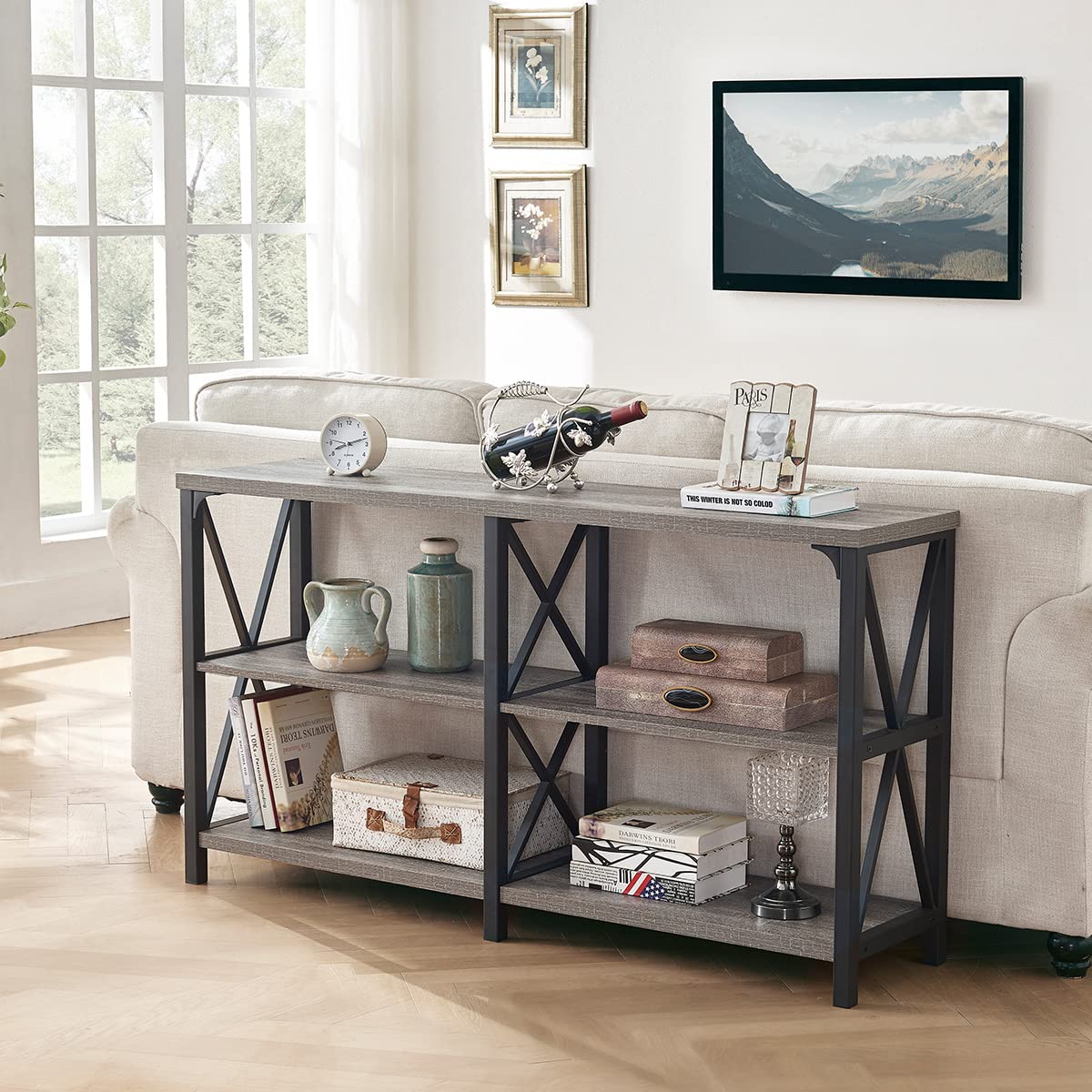 LVB Rustic Sofa Table, Farmhouse Console Table for Living Room, Hallway entryway Table with Storage, Entry Table for Foyer, Light Grey Oak, 55 Inch LVB