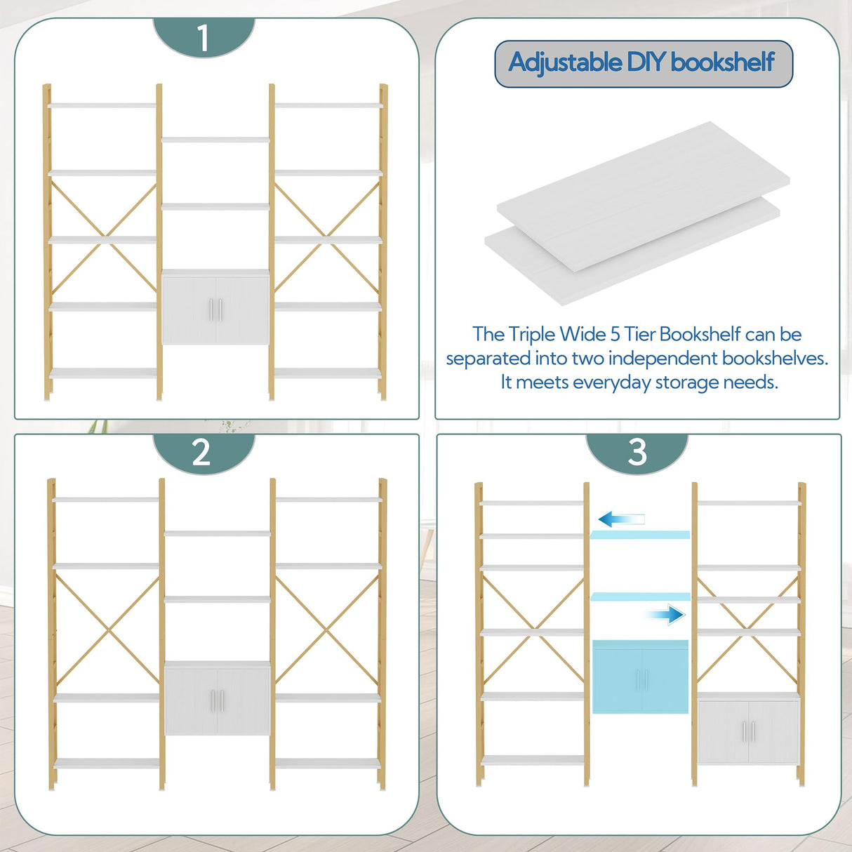 Yusong Bookshelf Triple Wide 5 Tier Bookcases with Storage Cabinet, Industrial Large Modern Tall Bookshelves with 12 Open Display Shelves for Living Room Office Bedroom, White and Gold Yusong