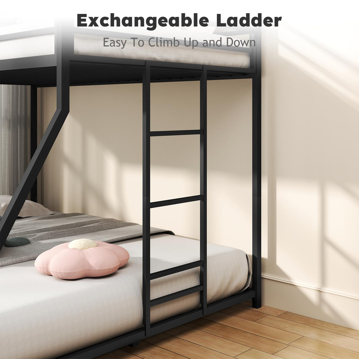 Zevemomo Twin Over Full Size Bunk Bed, Metal Low Profile Bunkbeds with Full-Length Guardrail and Ladder, Space Saving, No Boxing Spring Needed, Black Zevemomo