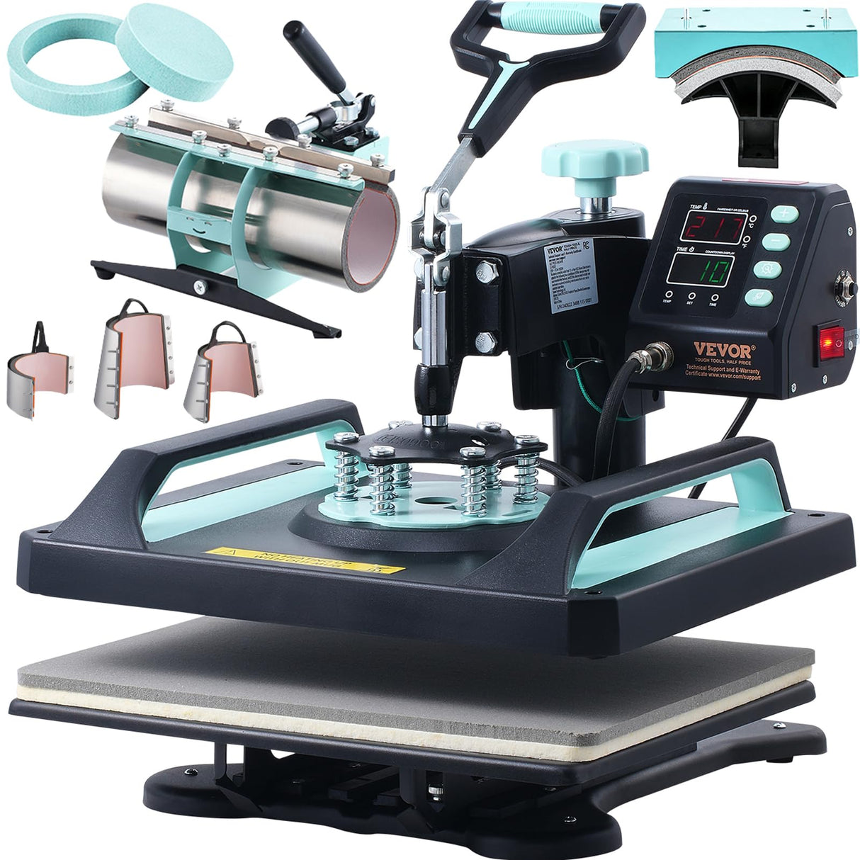 VEVOR 8 in 1 Heat Press Machine for T Shirts Hats Mugs Plates - 12x15 Swing Away Shirt Press Machine with 30 OZ Tumbler Press, Hat Press, Plate Press, Light Green VEVOR