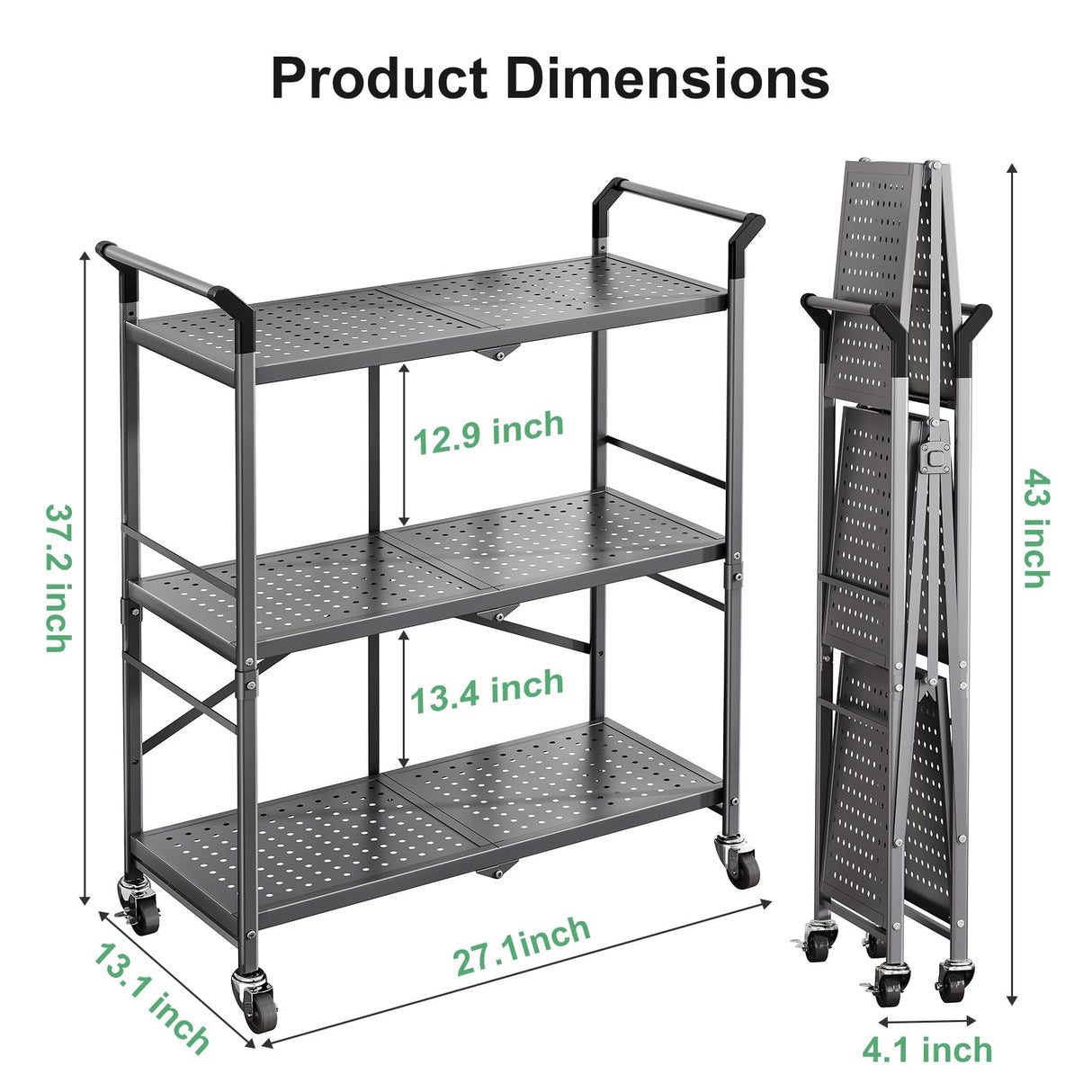 HKWOTINHA Folding Rolling Cart with Wheels - 3 Tier Collapsible Utility Cart, Metal Service Cart (Large) HKWOTINHA