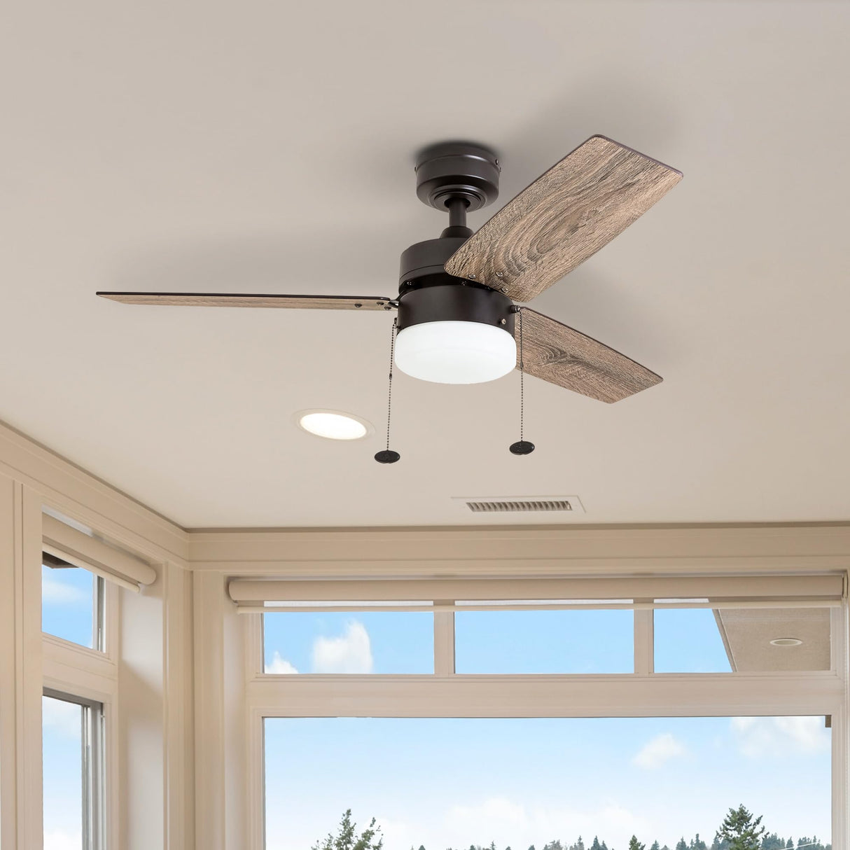 Prominence Home Reston, 42 Inch Modern Farmhouse LED Ceiling Fan with Light, Pull Chain, Dual Mounting Options, Dual Finish Blades, Reversible Motor - 51015-01 (Bronze) Prominence Home