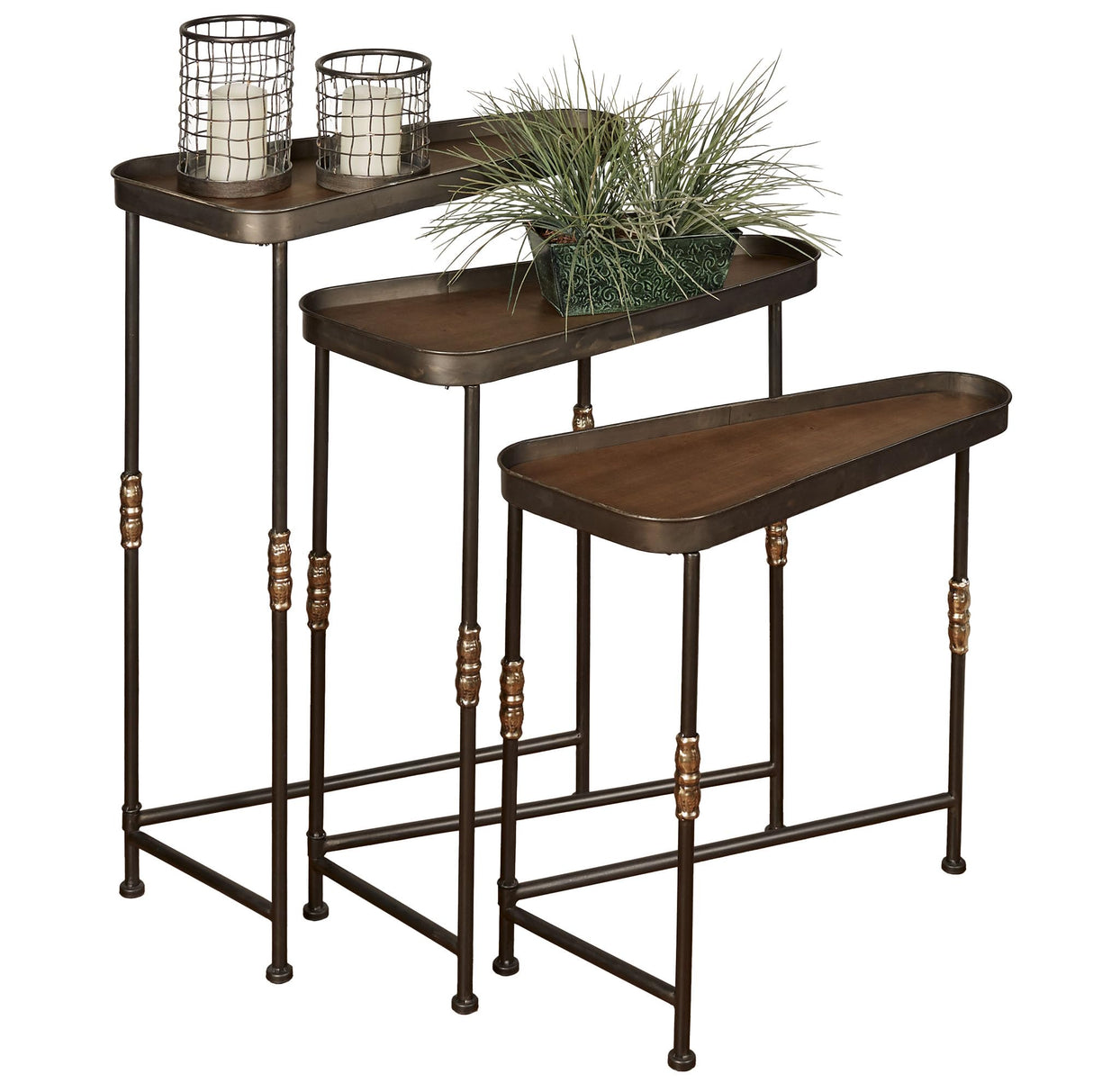 Bronwyn Metal and Wood Nesting Tables Dark Bronze Finish 28, 30.5 and 36 Inches Tall Set of 3 Touch of Class
