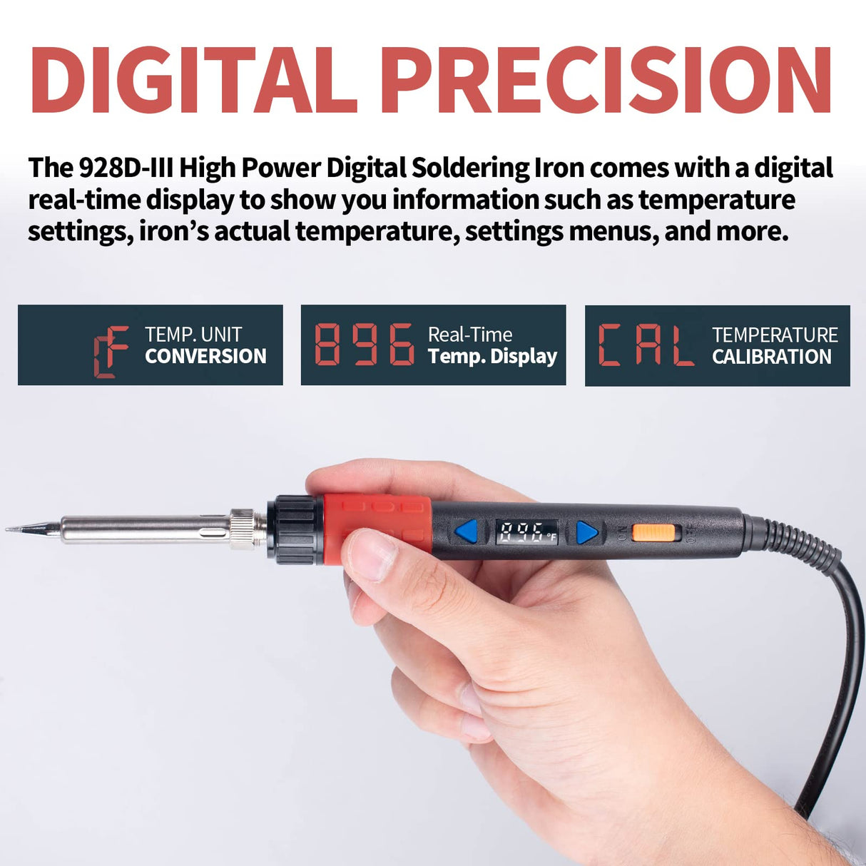 YIHUA 928D-III Soldering Iron,110W High Power, Fully Digital Display °F /°C- Temperature Control Soldering Tool, Accurate 194~896°F, with ON/OFF Switch, Iron Tip, Brass Wool, Automatic Sleep Mode YIHUA